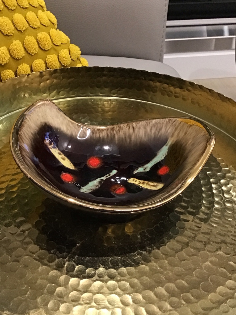 Studio ceramic MCM Decorative Ceramic Bowl - Brown with Black, Red & Aqua Accent